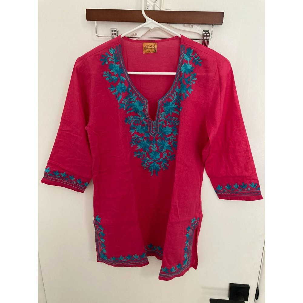 Vuala Women's Handmade Indian Top, Pink/Blue, Small